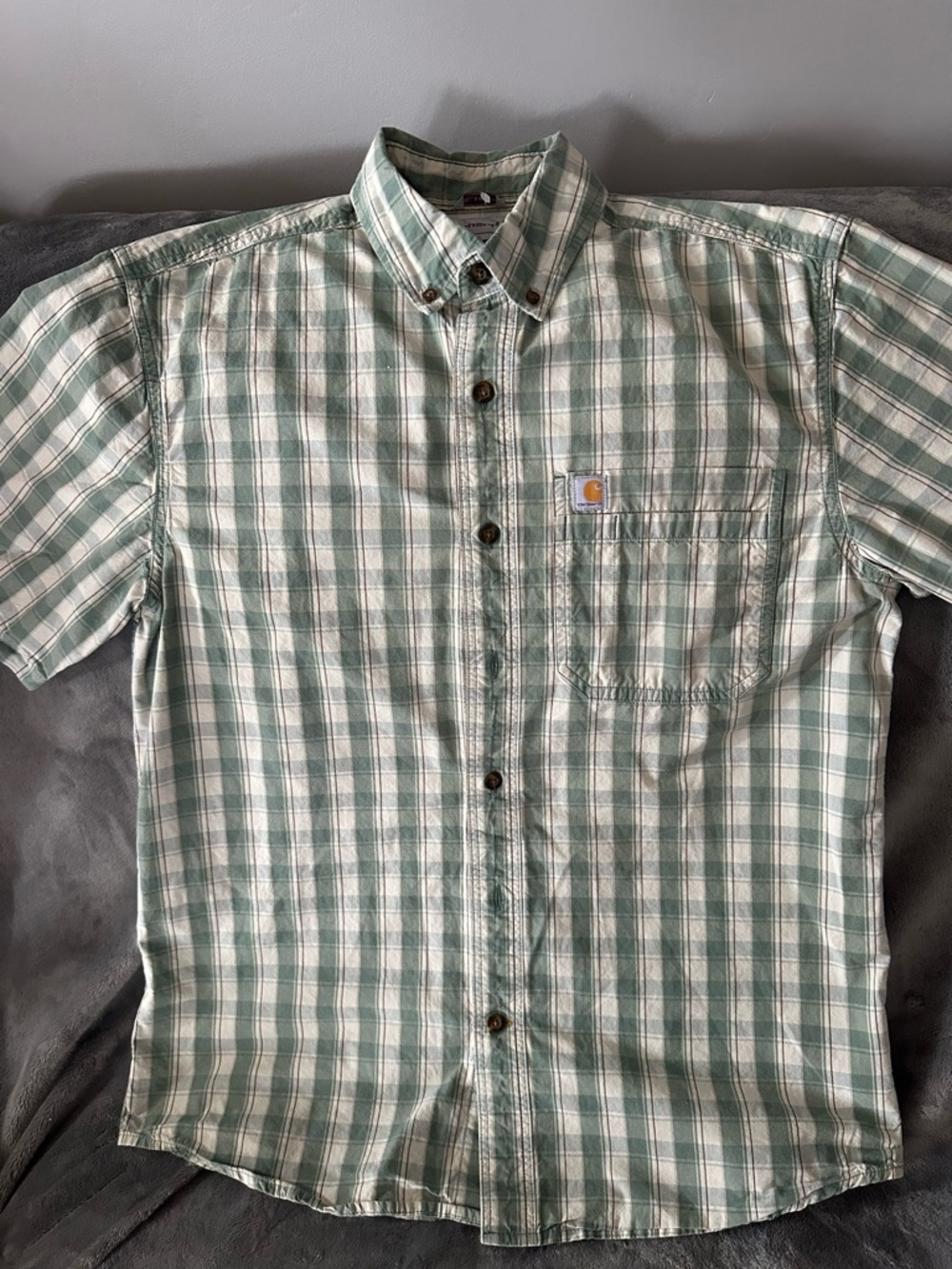 Carhartt Short-Sleeve Green and White Plaid Button-Down Shirt